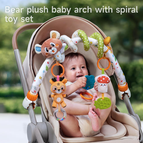 0-3 3-6 TUMAMA Baby Activity Arch with Bear Spiral Toy, Clips Adjustable and Detachable Sensory Stimulating Hanging