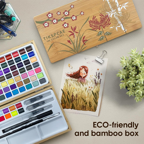 TIKSPCAE Set,100 Watercolor Paint Colors in Nature Bamboo Box,Portable Water Colors Kit with Papers and Brush