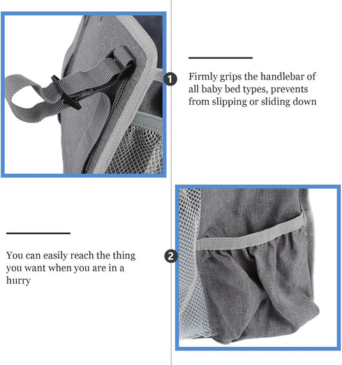 Bedside Crib Diapers Bag Hanging Nursery Organizer for Babies, Large Gray Fabric Hanging Diaper Holder Multiple Pockets