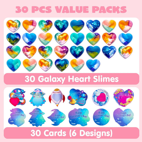30 JOYIN PCS Valentine Day Gift Cards with Galaxy Slime Stress Relief Fidget Toys for Kids Classroom Exchange Prizes