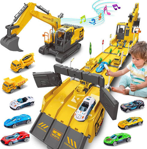 Dwi Dowellin Toys for 3 Year Old Boys, Excavator Toys with 6 Metal Racing Cars and 2 Engineering Vehicles, Foldable