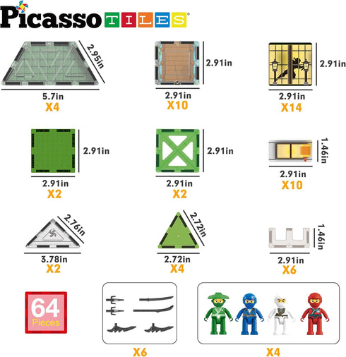 PicassoTiles Ninja Dojo House Theme Playset - 4 Character Action Figures, Magnetic Tiles, Educational Toy for Toddlers
