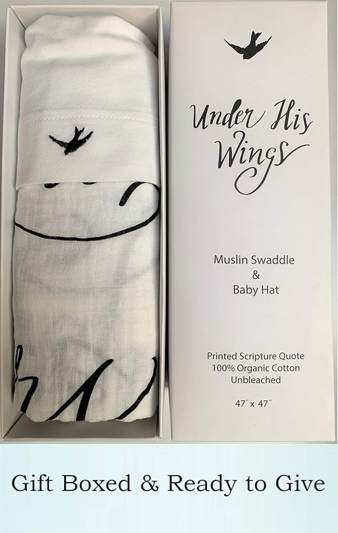 Under His Wings 91) 100% Muslin Swaddle & Bonus Baby Hat with Scripture Quote (Psalm - Organic Unbleached Cotton