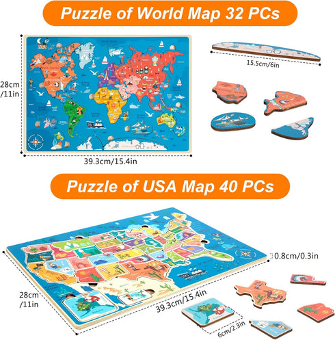 Puzzles for Kids Ages 4-6, Wooden Educational Puzzles for Toddlers 2-4, 2 Pack US & World Map