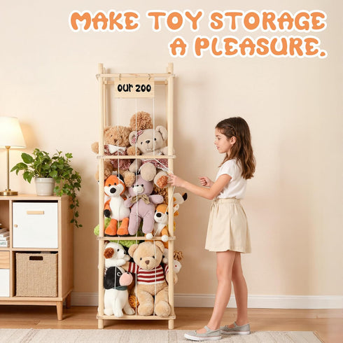 LAMU Stuffed Animal Storage, Wooden Zoo Stuffed Animal Holder with Elastic Cords, Space Save Toy Organizer, Extra Large