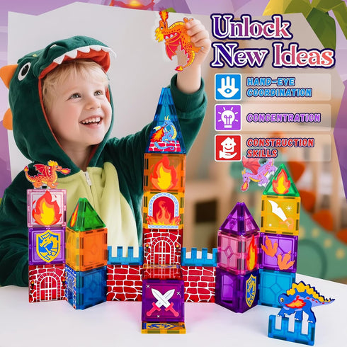 SHXYKZ 3-8, 3D Set Dinosaur Magnetic Tiles, STEM Building Toys for Kids Ages Movable Dragon Castle with Portable