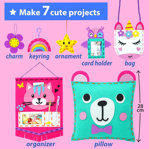 KRAFUN My First Sewing Kit for Kids - 7 Easy DIY Projects of Stuffed Animal Dolls and Plush Pillow Craft