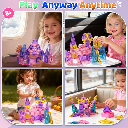 Set 4-8,Ideal SKTMYY Travel Magnetic Tiles for Girls,Pink Mini Portable Magnet Toys with Iron Case,Travel Toys for Kids