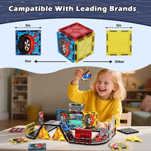 Set, 2 3 4 5 6 7 8, 3 Magnetic Tiles Road Rail Race Track with Racer Cars, Magnetic Car Racing for Kids Ages Magnet