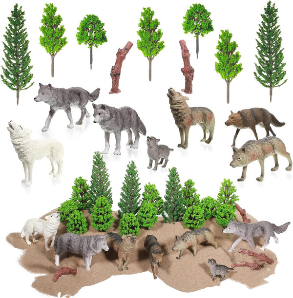 Sratte 26 Pcs Woodland Wolf Figurines Kit - Model Trees with Wolf Figurine for Diorama Project and Cake Toppers