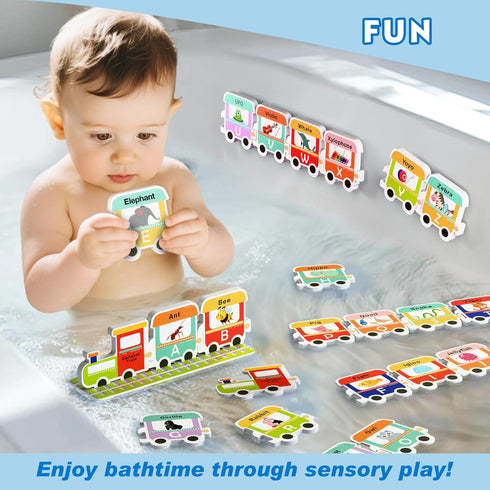 32 3 4 5 6 iPlay, iLearn Bath Toy Organizer W/Foam Letters, Toddler Bathtub Toy W/Storage Net, Floating Alphabet Train