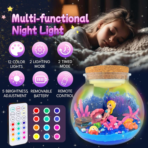 7july 5 6 7 8 9 10 11 12 Mermaid Terrarium Craft Kit for Kids - LED Night Light Up & Remote Mermaid Birthday Gifts Toys