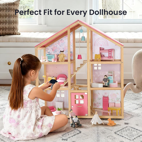 Set, 5-Piece 3+ Tiny Land Wooden Dollhouse People Poseable Wooden Doll Family with Dad, Mom, Brother, Sister, Baby