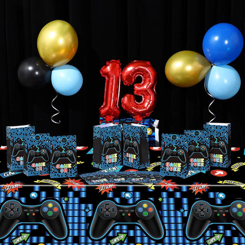 13th Birthday Decorations for Boys - 69 Pieces Video Game Party Supplies, Blue Gamer Balloons, Backdrop
