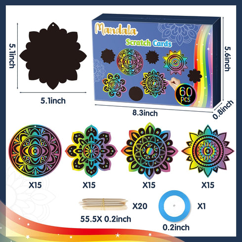 BeYumi 60Pcs Mandala Scratch Cards Gift Set, DIY Magic Scratch Off Paper Art Kit for Kids and Home Decor