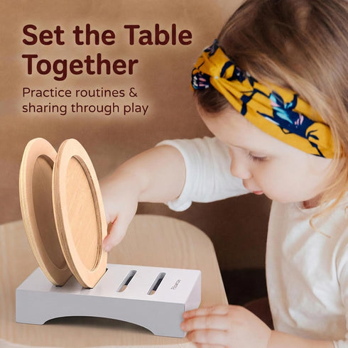 Table-Setting Set 21 3+ Pillowhale Wooden Learning Play for Kids Dinner Plates, Cups & Cutlery for Social Play Pcs