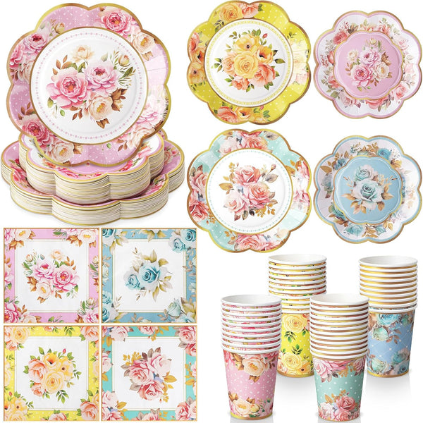 Ziliny 350 Pcs Tea Party Supplies Spring Summer Tableware Set Disposable Plates