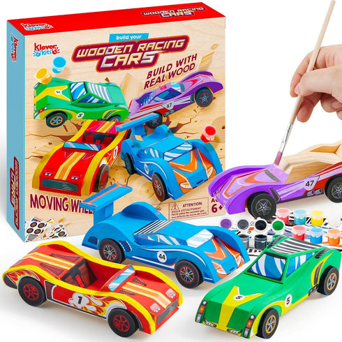 Klever Kits 4 DIY Wooden Race Cars, Build & Paint Your Own Craft Kit, Easy to Assemble Birthday Presents for Kids