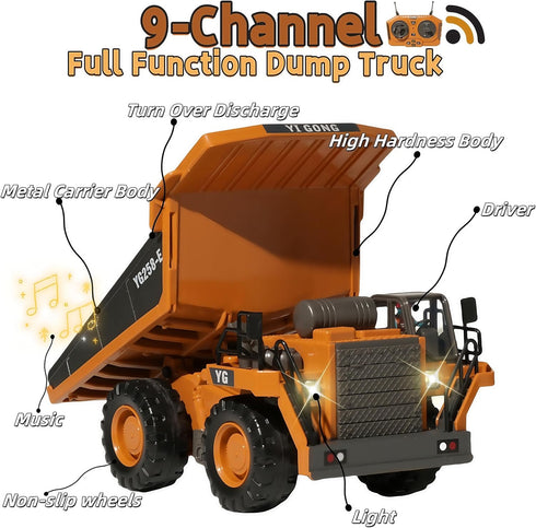 OrgaNatureQueen 9-Channel 3-5 4-7 8-12 2026 RC Dump Truck with Lights and Sound, Remote Control Construction Vehicles