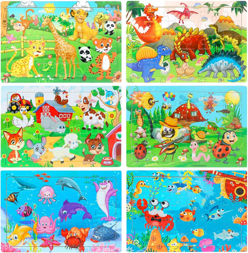Wooden Jigsaw Puzzles for Kids Ages 3-5 - 6 Pack, 30 Pieces Colorful Educational Learning Toys