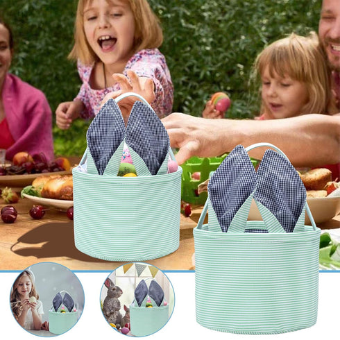 Easter Bunny Basket Seersucker Egg Bags for Kids, Personalized Candy Rabbit Print Buckets with Fluffy Tail