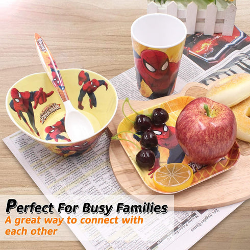 4 Pcs Cartoon Durable Tableware Set, Meal Dishes with Bowl, Plate, Cup, Matching Spoon and Fork