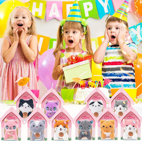 12 Set HAPGFS Pcs Mini Plush Kitty Stuffed Cats, Cat Party Favors with Keychain Gift Toys with Carton House, Kids