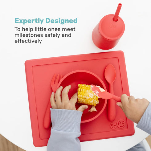 ezpz Happy Utensils - 24 Months+ (Coral) - BPA Free Fork, Spoon, Knife for Toddlers and Preschoolers
