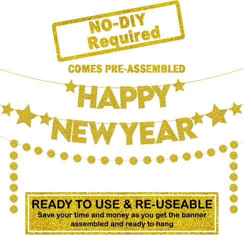 KatchOn Gold Happy New Year Banner - Pre-Strung 10 Feet Banner, 13 Feet Garland for 2025 Party Supplies