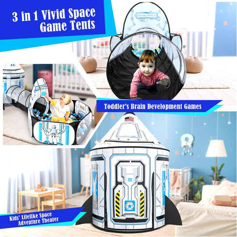 Kids Ball Pit for Play Tent - 3PC Baby Gifts with Roar Button, Projection Flashlight, Indoor Outdoor Games (White)