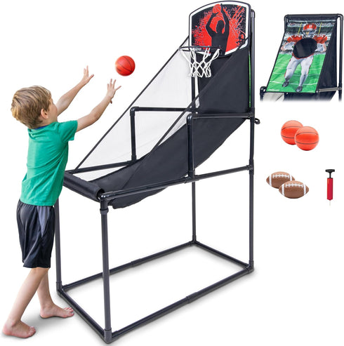 GoSports 2 in 1 Basketball Hoop & Football Toss Target Arcade Game for Kids Ages 3-6 - Indoor & Outdoor Toy Includes 2