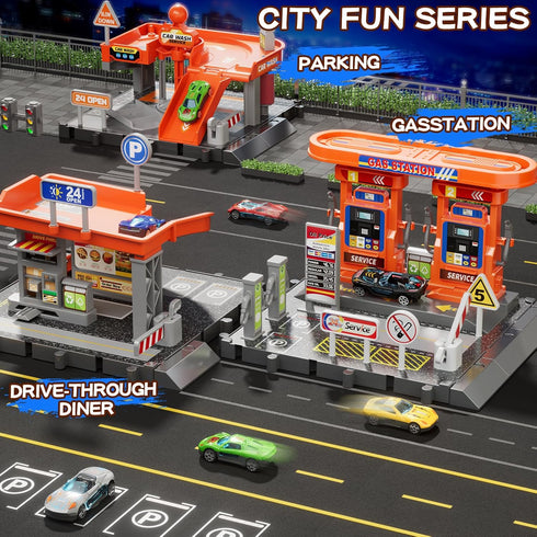 Playsets, 3-in-1 Playset, Playset, 1:64 1-3, Toy Cars Activity Drivers Gasstation, Car Wash, Car Restaurant Scale Toy