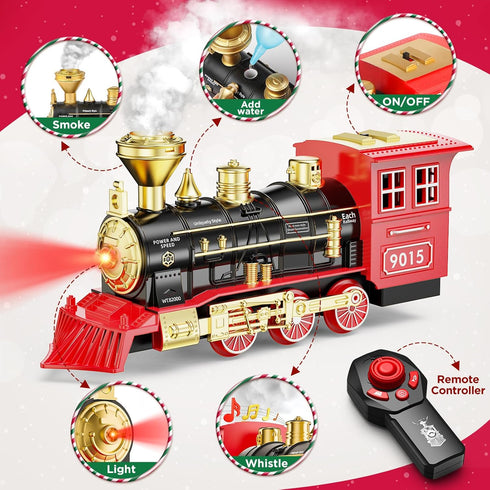 3 4 5 6 7 8+ Hot Bee Remote Control Train Locomotive, Train Steam Engine Toy w/Smoke, Lights & Sounds, Christmas Trains