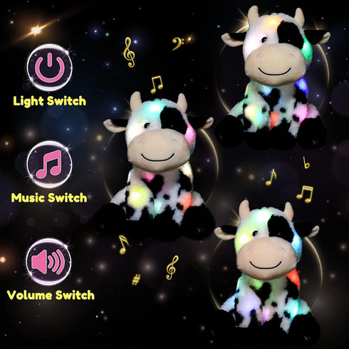 11' Hopearl LED Musical Stuffed Smile Cow Light up Singing Plush Toy Adjustable Volume Lullaby Animated Soothe Birthday