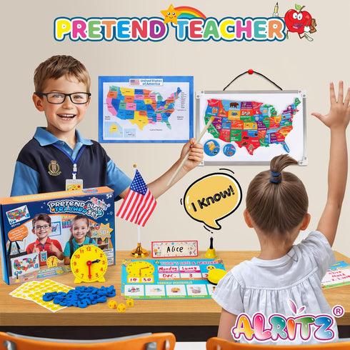 Playset, 5 6 7 8 9 10 11 12 13+ Alritz Pretend Teacher Role Pretend Play Kids School Toys Kit Include Map, Calendar