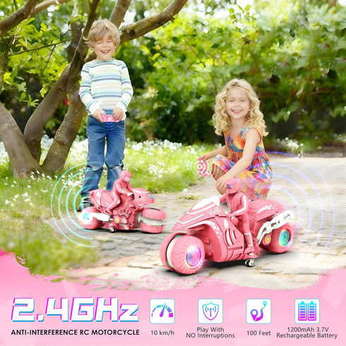 360 2.4Ghz 5-12 RC Motorcycle Toy with RGB Wheels Light, Rotation High Speed Remote Control Dirt Bike with Rider