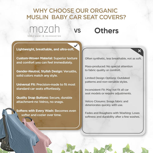 MOZAH 100% Baby Car Seat Cover - Beige Leaves - Organic Muslin - Soft, Breathable and Lightweight, Baby Infant Car Seat