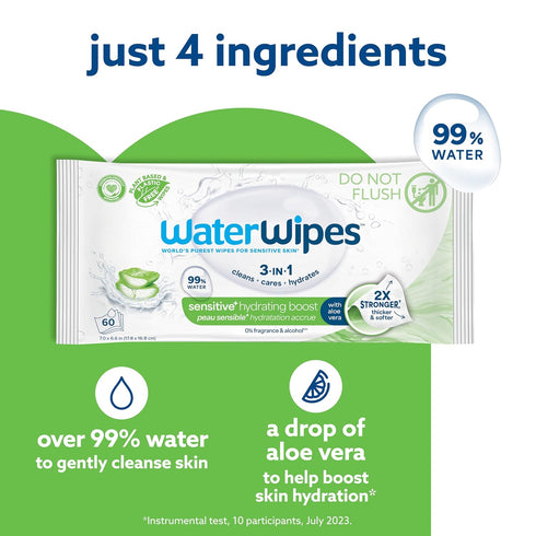3-In-1 99% 60 Count (1 Pack) WaterWipes Sensitive+ Hydrating Boost Wipes, Cleans, Cares, Hydrates, Water with Aloe