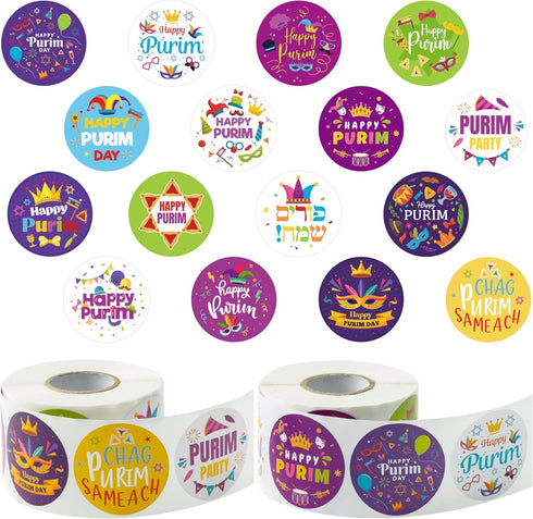 CNhoqc Happy Purim Stickers Roll - 1000 Pcs Round Happy Purim Waterproof Vinyl