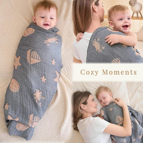 (1 Pack Ultra Soft Muslin Baby Blanket, A Versatile Swaddle and Crib for Babies, Toddlers, Boys, and Girls Ocean)