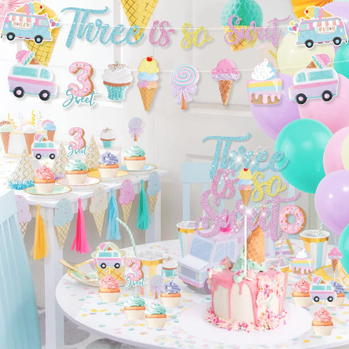Three Is So Sweet Ice Cream Party Decorations - Banner, Cake, Cupcake Toppers, Macaron, Balloons for Donut Theme Third