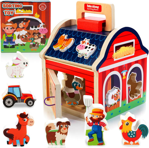 Farm Animals Wooden Take-Along Sorting Barn Toy for 1-3 Year Olds, Shape Sorter Montessori Learning Gift for Toddlers