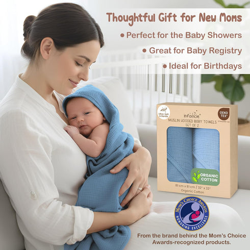 100% 32x32 Inch 2 Pack Organic Cotton Muslin Baby Hooded Towels Soft & Absorbent Baby Towels with Hood for Boys