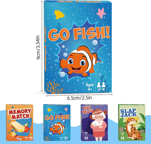 Classic Card Games for Kids - Go Fish, Old Maid, Slap Jack, Memory Match - 4 Decks in 1 Pack for Ages 4+