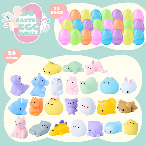 24 JOYIN Pcs Easter Prefilled Eggs with Mochi Squishy Toys, Animal Stress Reliever Squishy Toy for Glitter Transparent