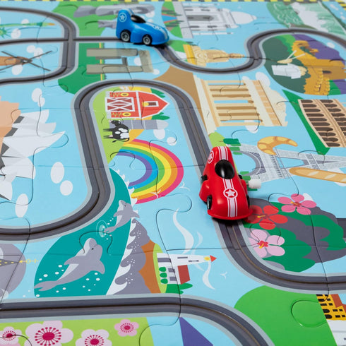 (48 4+ Melissa & Doug Race Around the World Tracks Cardboard Jigsaw Floor Puzzle and Wind-Up Vehicles Pcs)