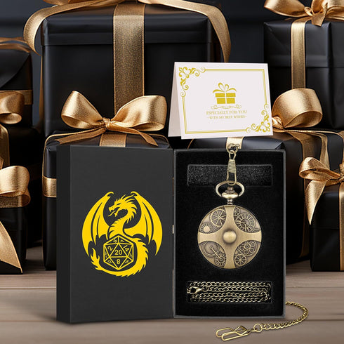 Mini DND Dice Set: 7pcs Polyhedral Metal Dice with Bronze Steampunk Gear Pocket Watch Case