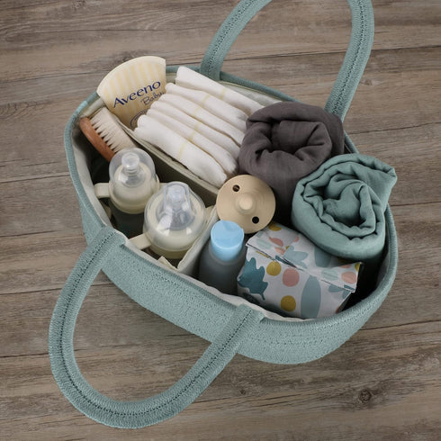 Portable Diaper Caddy Organizer for Baby, Cotton Rope Nursery Storage Bin, Light Green Tote Bag for Changing Table