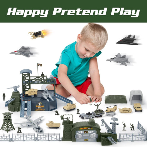 Set 13 XDUOYJOY Military Base Toy, Army Toys with Vehicles Airplane Tank Trucks Helicopter Fighter Jet, Play Mat