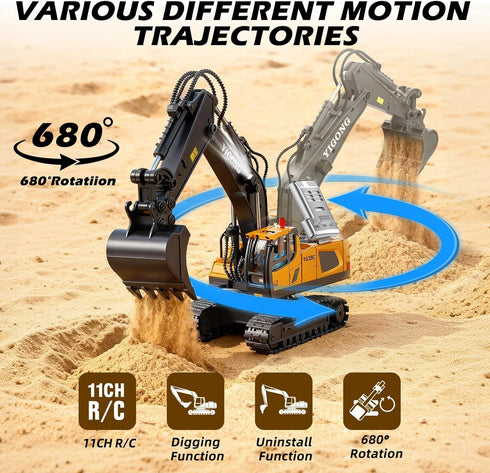 2.4Ghz, 6-12 Remote Control Excavator Toys, RC Construction Toys with Metal Shovel, Lights, Sounds RC Truck Digger Toys